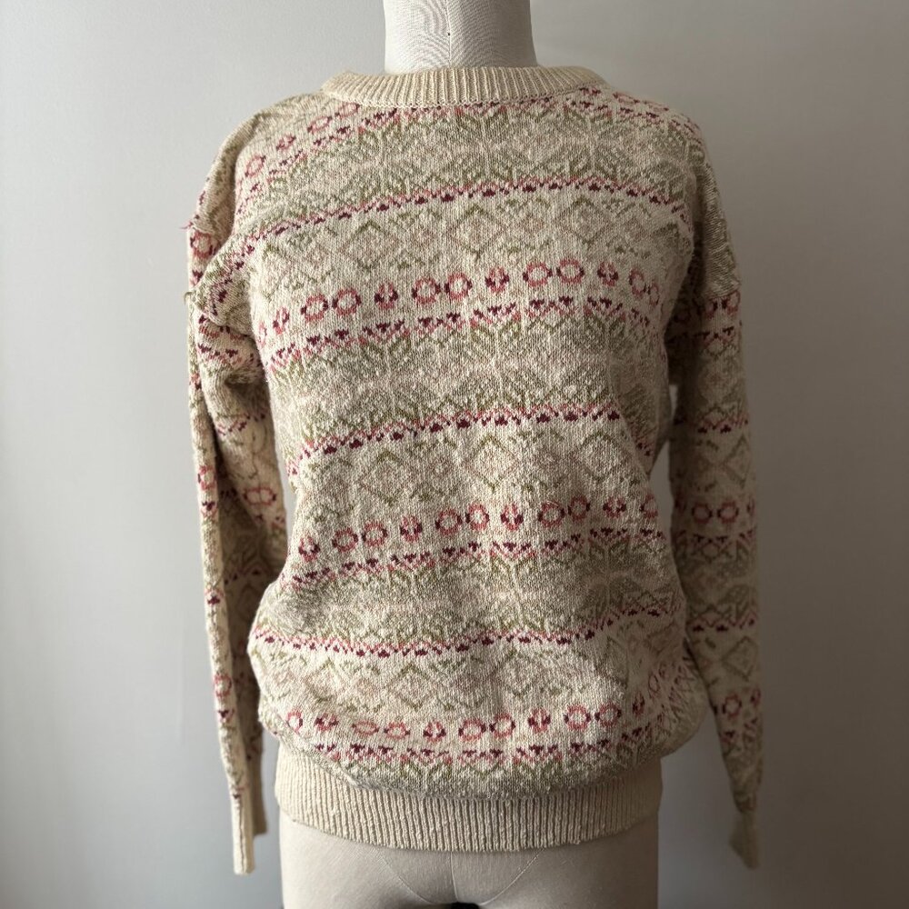 SALE   1990s Patterned Cotton Sweater | Vintage Cozy Crewneck Knit